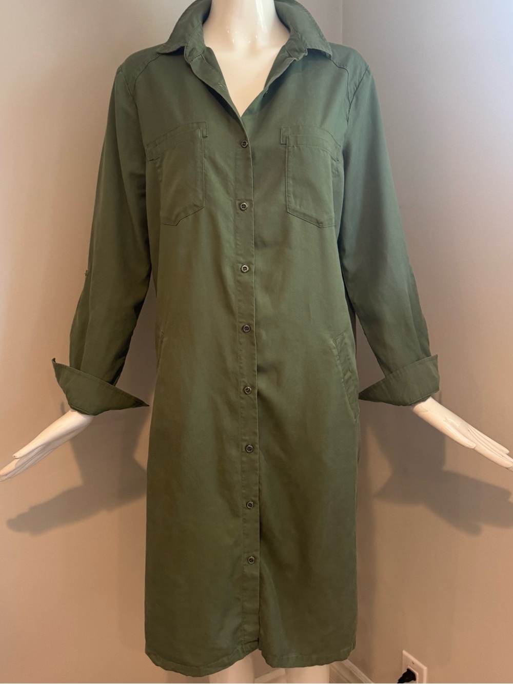 Standard Grace Olive Lyocell Utility Shirt Dress Roll Tab Sleeves Medium